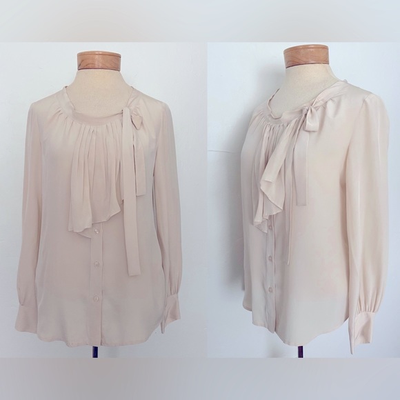 LUXE MIU MIU SILK BEIGE CREAM SAND SHIRT BLOUSE TOP TIE & RUFFLE DETAIL SIZE 40 - Picture 1 of 9
